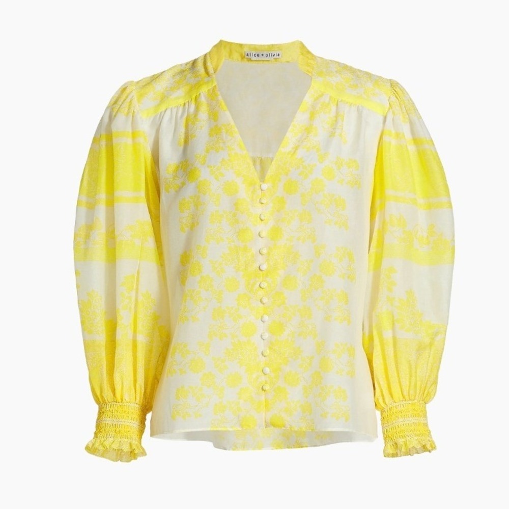 Alice + Olivia Serena Cotton Silk Blouse W Small $375 Floral Bishop Sleeve